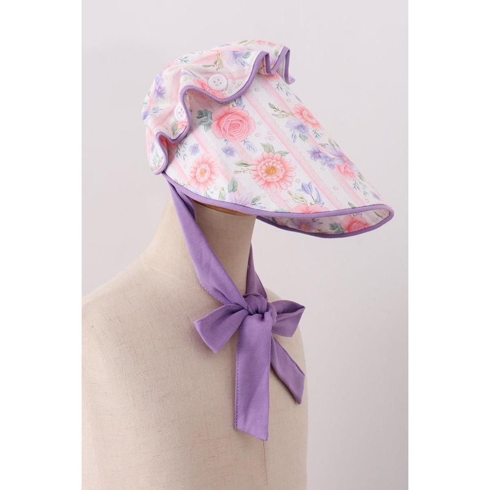 Purple Rose Bow Print Sun Bonnet Wide Brim Cottagecore Infant Large NEW